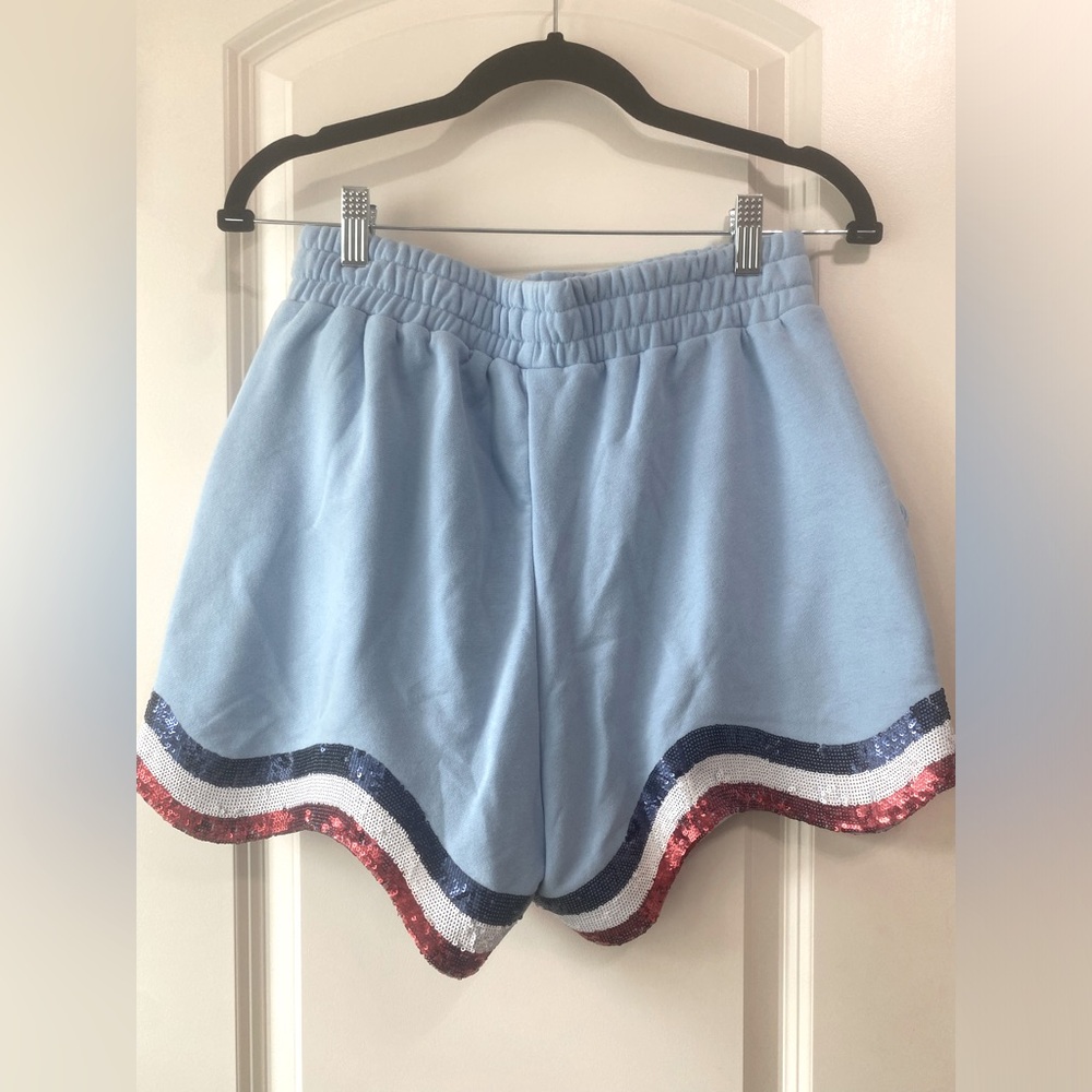Queen of Sparkles Light Blue White/Red Wavy Shorts